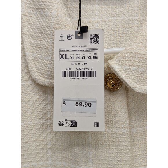 NWT Zara Tweed Cropped Blazer Size XL Gold Button Preppy Office Cream - Picture 9 of 13